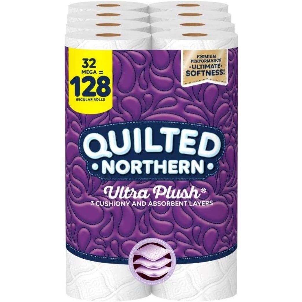 Quilted Northern Ultra Plush Toilet Paper, 32 Mega Rolls = 128 Regular Rolls, 3-Ply Bath Tissue (Packaging May Vary), 8 Count (Pack of 4)