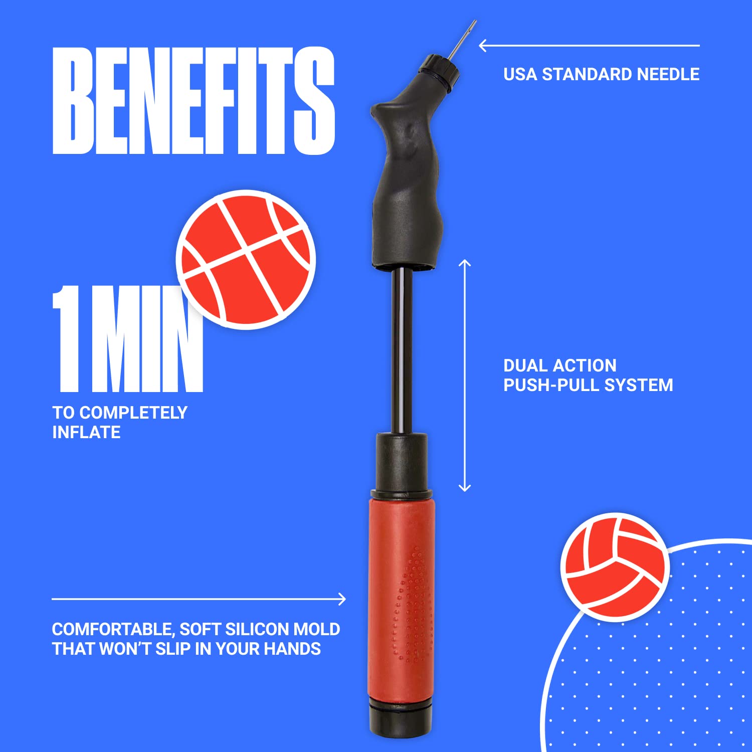 Buy now SPORTBIT Ball Pump for Sports Balls - Push & Pull Inflating System - Hand Pump for All Exercise Balls - Volleyball Pump, Basketball Inflator, Football & Soccer Ball Air Pump - Goes with 5 Needles Set at indiglob india