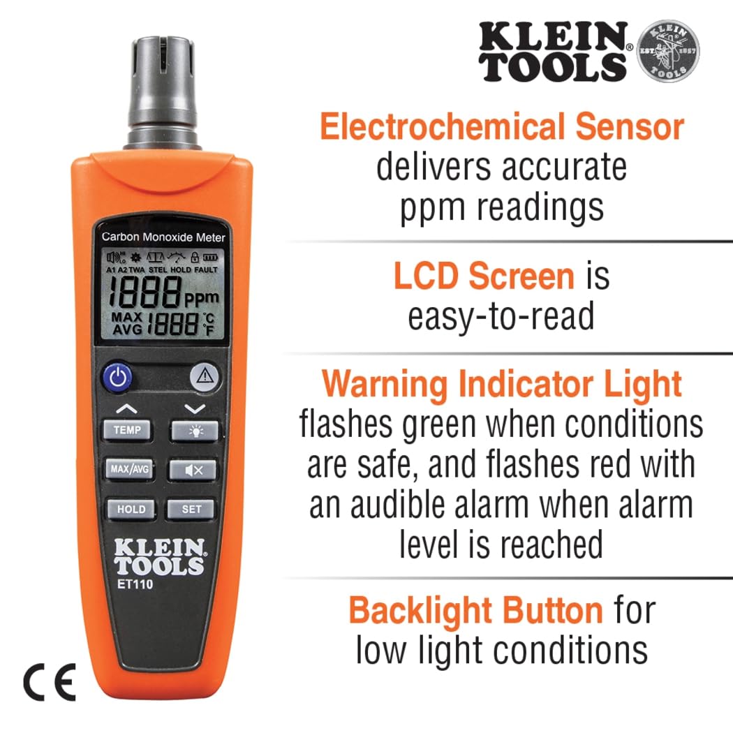 Buy now Klein Tools ET110 CO Meter, Carbon Monoxide Tester and Detector with Exposure Limit Alarm, 4 x AAA Batteries and Carry Pouch Included at indiglob india