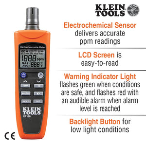 Buy now Klein Tools ET110 CO Meter, Carbon Monoxide Tester and Detector with Exposure Limit Alarm, 4 x AAA Batteries and Carry Pouch Included at indiglob india