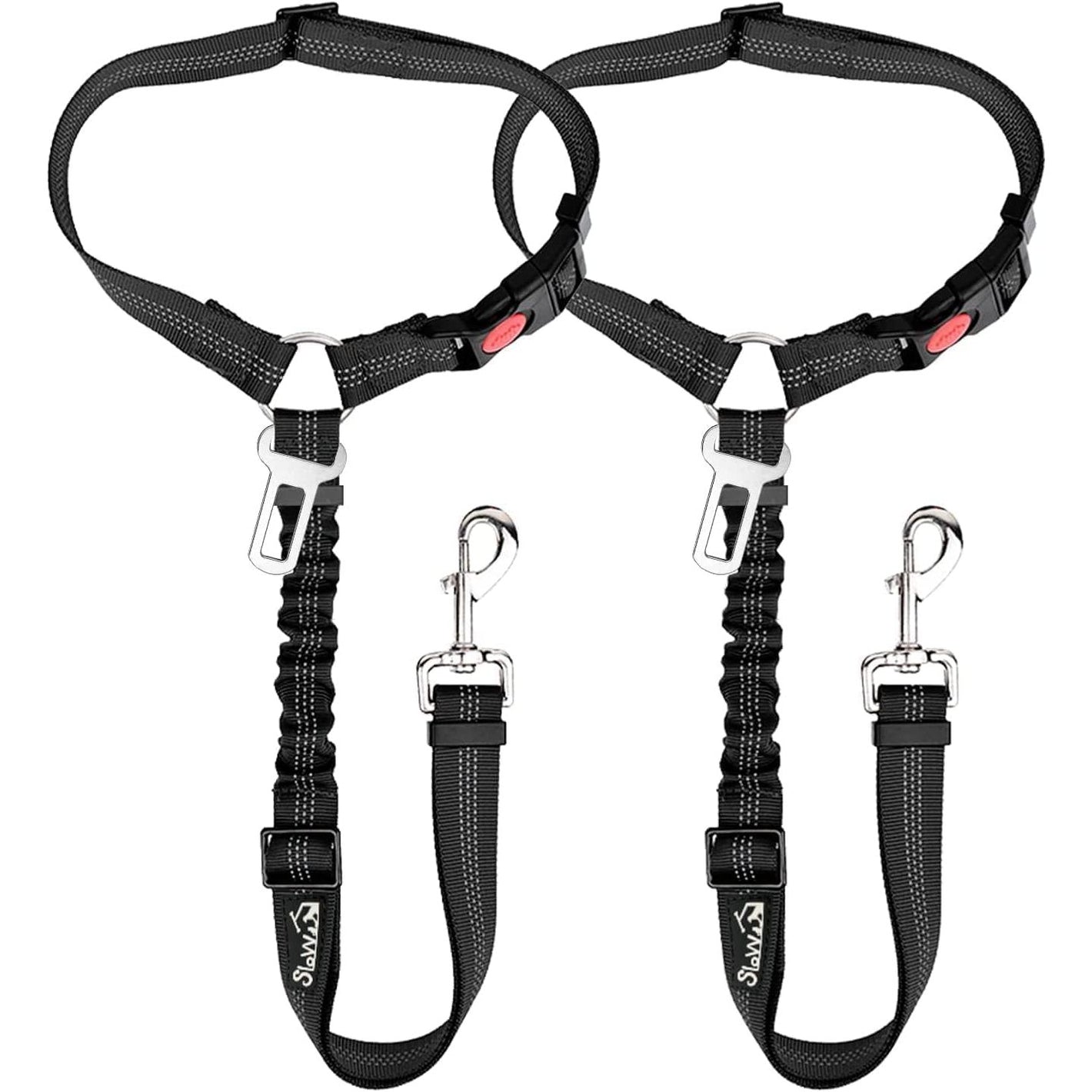 SlowTon Dog Seat Belt for Car, 2 Pack Dog Car Harness Seatbelt Adjustable with Elastic Bungee Buffer, 2 in 1 Pet Car Leash Headrest Restraint Dog Reflective Safety Tether (Black, Headrest+Clip)