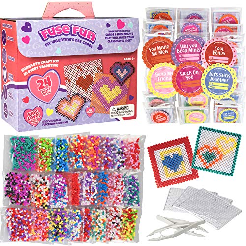 Buy now Valentines Day Cards for Kids Classroom-Heart Themed Fuse Bead Kits (24ct)-Perfect Valentines Day Gifts for Kids School Exchange for Boys & Girls -Each Includes Pixel Art Craft Activity w Perler Beads at indiglob india