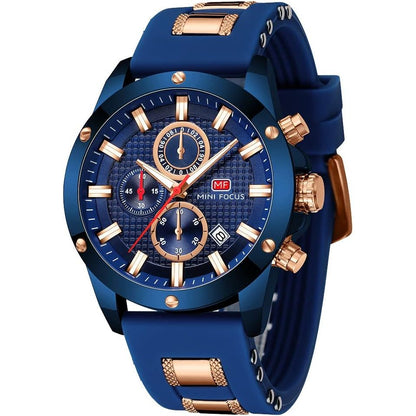MF MINI FOCUS Men Watch, Chronograph Waterproof Sport Analog Quartz Watches Blue Silicon Strap Fashion Wristwatch for Men