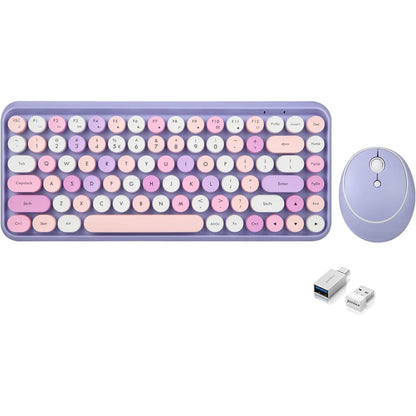 Perixx PERIDUO-713PP Wireless Mini Keyboard and Mouse Combo - Retro Round Key Caps - Pastel Purple - US English Layout (PD-713PPUS-11953)