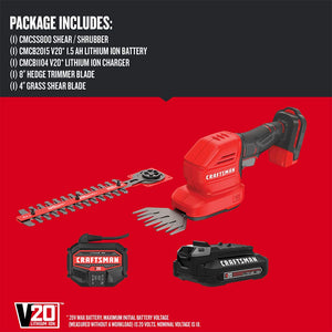 Buy now CRAFTSMAN V20 4 In. Cordless Handheld Grass Trimmer and 8 In. Mini Hedge Trimmer, Battery and Charger Included, Rechargeable 2 in 1 Grass Shear and Bush Trimmer (CMCSS800C1) at indiglob india
