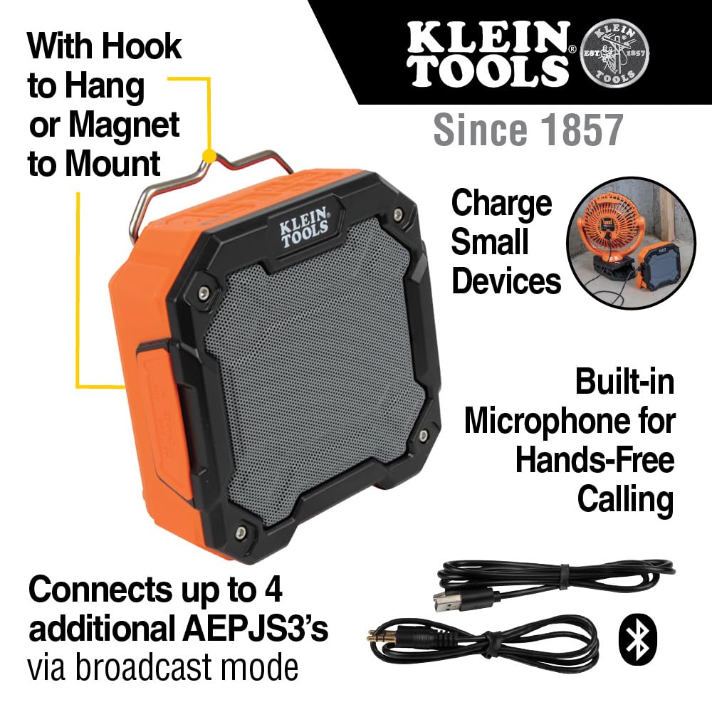 Buy now KLEIN TOOLS AEPJS3 Bluetooth Jobsite Speaker with Magnet and Hook, 20-Hr Run Time, Charge Via USB A or C, Pair Multiple Speakers Via Broadcast, Hands Free Capable at indiglob india