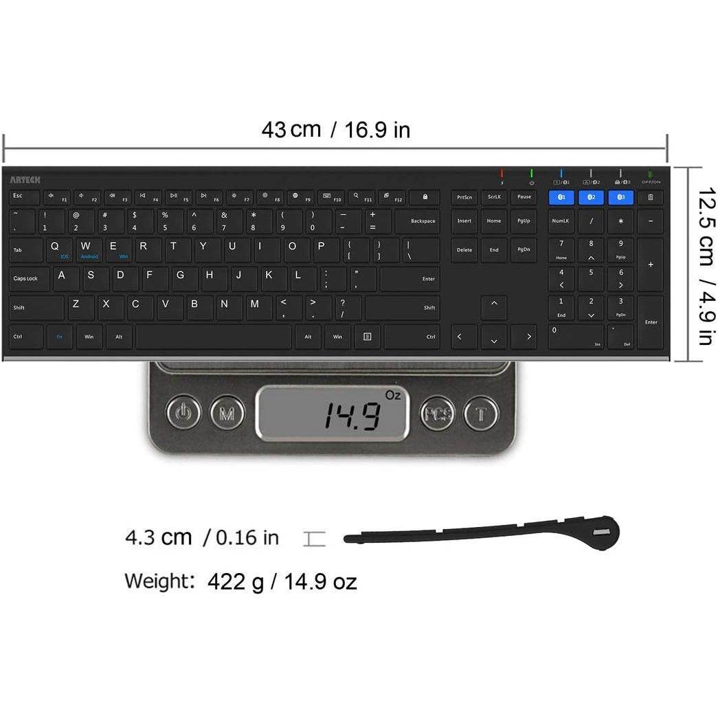 Arteck HB192 Universal Bluetooth Keyboard Multi-Device Stainless Steel Full Size Wireless Keyboard for Windows iOS Android Computer Desktop Laptop Surface Tablet Smartphone Rechargeable Battery - My Store