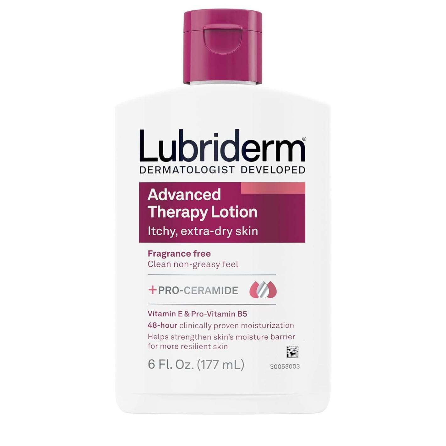 Lubriderm Advanced Therapy Fragrance-Free Moisturizing Hand & Body Lotion + Pro-Ceramide, Intense Hydration for Itchy, Extra Dry, & Sensitive Skin, Non-Greasy, Hypoallergenic, 6 fl. oz
