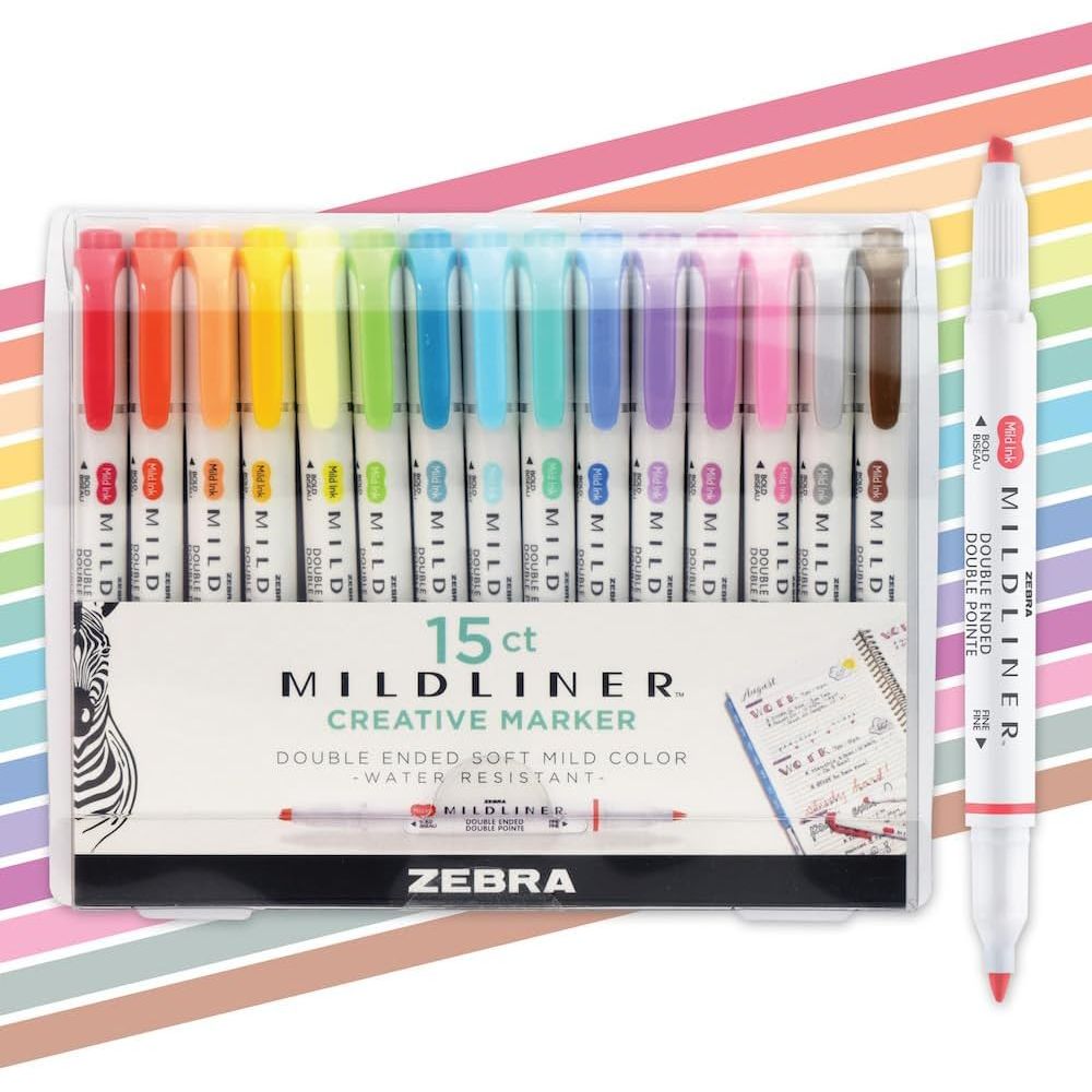 Zebra Pen Mildliner Double-Ended Highlighter Set, Broad and Fine Point Tips, Ideal for Bible Highlighting, No Bleed, Assorted Ink Colors, 15-Pack (78115)