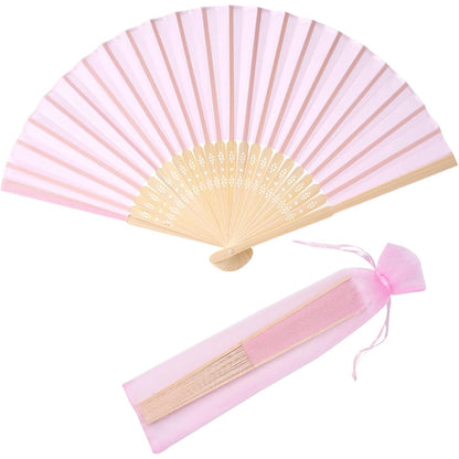 24pcs Imitated Silk Hand Fan Imitated Silk Fabric Bamboo Handheld Folded Fan Bridal Dancing Props Church Wedding Party Favors with Organza Bags (Cream)