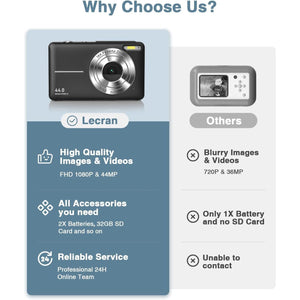 Lecran Digital Camera, FHD 1080P Kids Camera with 32GB Card, 2 Batteries, Lanyard, 16X Zoom Anti Shake, 44MP Compact Portable Small Point Shoot Camera for Kids Children Teens Girl Boy(Charcoal)