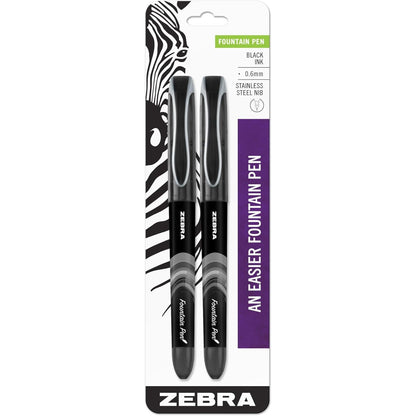 Zebra Pen Fountain Pen Set, Fine Point 0.6mm, Black Non-Toxic Ink, Stainless Steel Nib, Disposable, 2-Pack (48312)