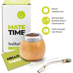 BALIBETOV Yerba Mate Gourd Set (Original Natural Handmade Yerba Mate Cup Argentina) - Includes Mate Tea Cup, Bombilla (Mate Straw) and Clean Brush - Classic Mate Cup and Bombilla Set (Suela)