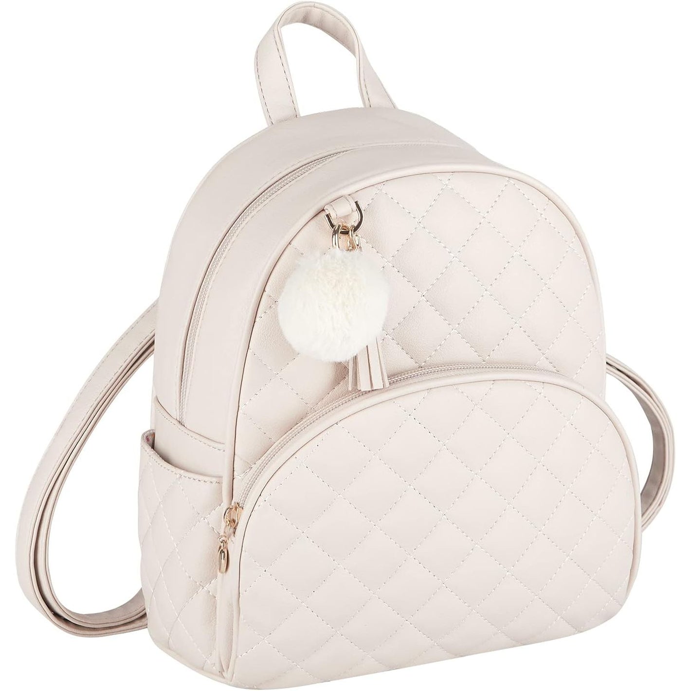 ECOSUSI Mini Backpack for Women Leather Small Backpack Purse for Ladies Cute Pom Bookbag Travel Shoulder Bag with Charm Tassel Beige