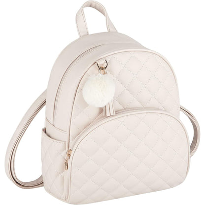 ECOSUSI Mini Backpack for Women Leather Small Backpack Purse for Ladies Cute Pom Bookbag Travel Shoulder Bag with Charm Tassel Beige