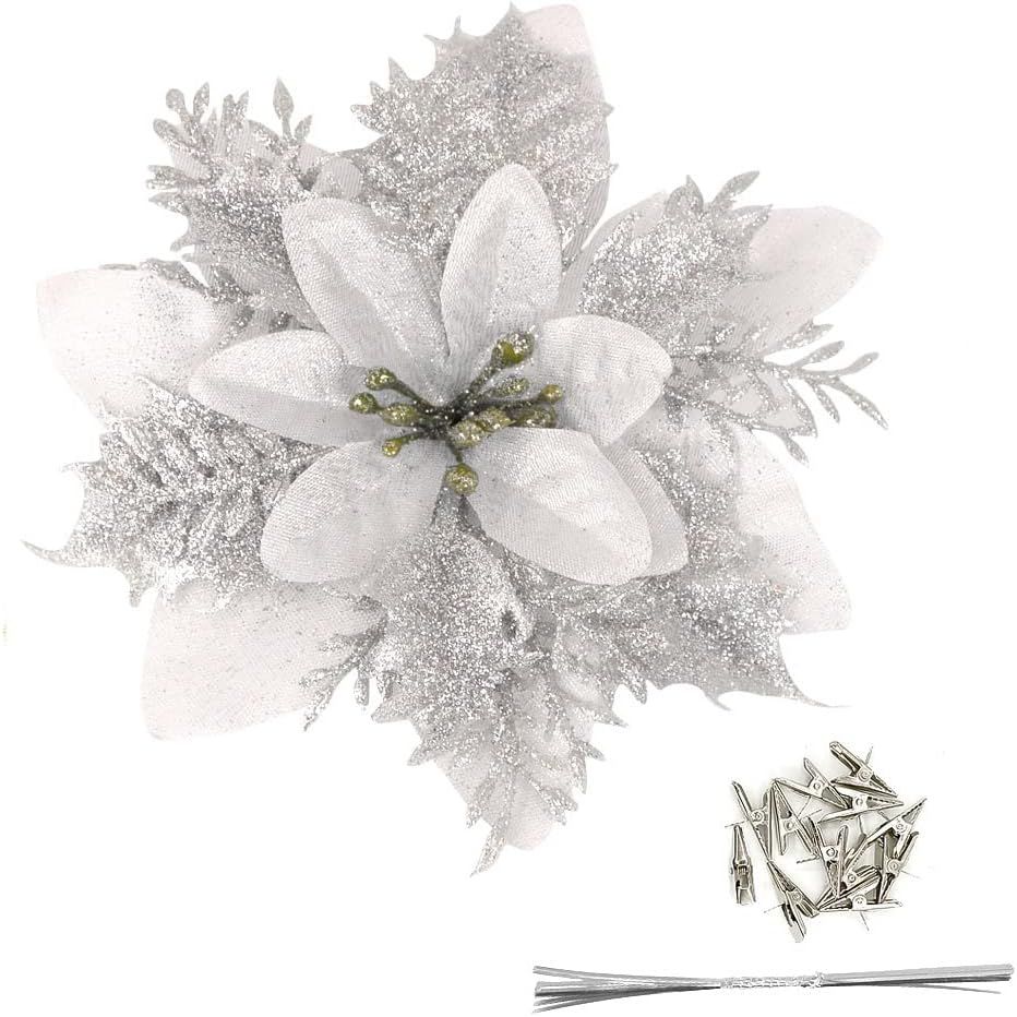 Pack of 12 Silver 5 Inch Glitter Flower Shape Christmas Hanging Ornaments Party Decorating Supplies