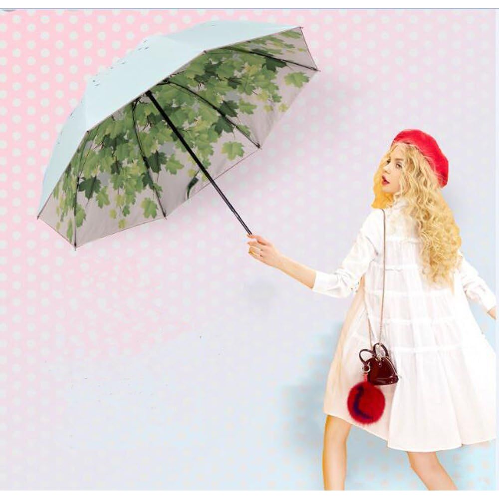Buy now Green Tree Leaf Folding Travel Sun Umbrella Sunblock UV Protection UPF 50+ Rain Resistant Compact Size Parasol Fold into Purse at indiglob india