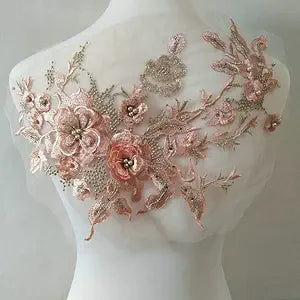 3D Embroidered Patches Nail Bead Tulle Applique Flower Patch for Clothing Wedding Dress Lace Fabric DIY Decoration(Pink1)