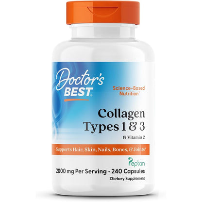 Doctor's Best Collagen Types 1 & 3 with Vitamin C, Non-GMO, Gluten Free, Soy Free, Supports Hair, Skin, Nails, Tendons & Bones, 500 mg, 240 Caps (DRB-00263)