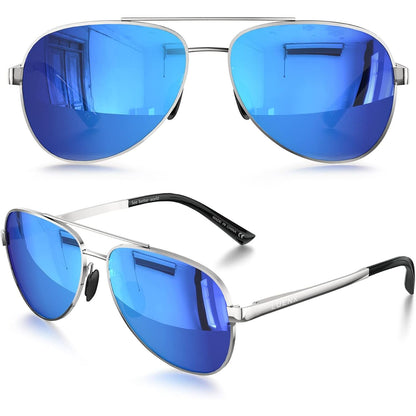 LUENX Aviator Sunglasses for Men Women Polarized - Silver Frame Blue Lens Mirrored Driving uv 400 Protection