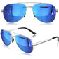 LUENX Aviator Sunglasses for Men Women Polarized - Silver Frame Blue Lens Mirrored Driving uv 400 Protection