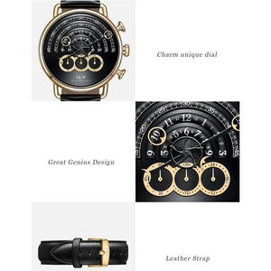 Luxury Men's Big Dial Chronograph Sapphire Glass Waterproof Quartz Black Leather Gold Watches