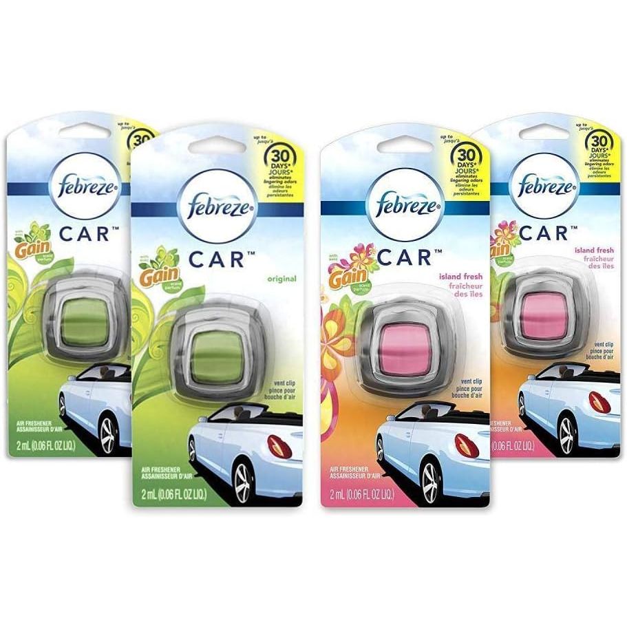 Buy now Febreze Car Air Freshener, 2 Gain Original and 2 Gain Island Fresh Scents, Odor Eliminator for Strong Odors (4 Count) Default at indiglob india