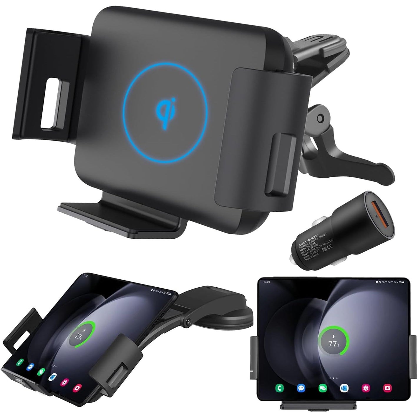 15W Qi Wireless Car Charger Mount Holder Compatible for Samsung Galaxy Z Fold7 Fold6 Fold5 Fold4 Fold3 Fold2 Fold 4.3in-6.9in Phone Auto Clamp Fast Charger