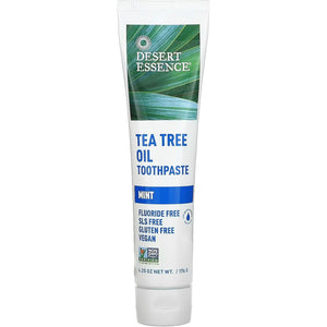 Desert Essence Tea Tree Oil Toothpaste - Mint - 6.25 Ounce - Refreshing Taste - Deep Cleans Teeth & Gums - Helps Fight Plaque - Sea Salt - Pure Essential Oil - Baking Soda - Promotes Healthy Mouth