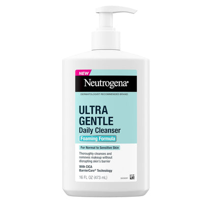 Neutrogena Ultra Gentle Foaming Facial Cleanser, Fragrance Free Hydrating Face Wash for Sensitive Skin, Daily Non Over Drying Makeup Remover, Hypoallergenic, Soap & Dye Free, Non-Comedogenic, 16 Fl Oz