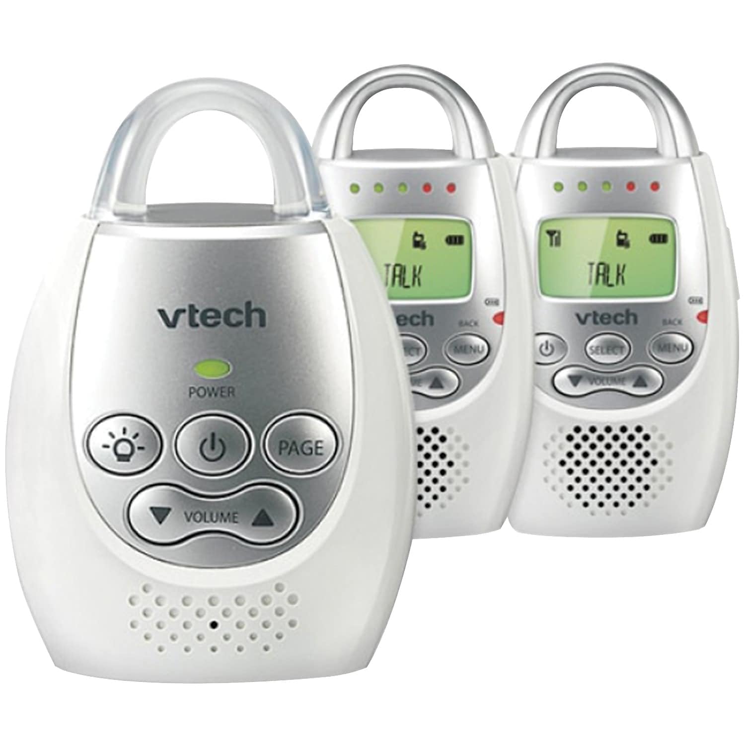 Buy now VTech Communications DM221 Audio Baby Monitor with up to 1,000 ft of Range, Vibrating Sound-Alert, Talk Back Intercom & Night Light Loop, White/Silver 1 Count (Pack of 1) Sound Digital Audio Monitor with two Parent Units at indiglob india