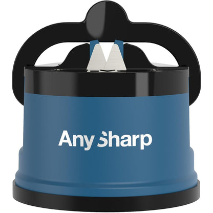 AnySharp – GLOBAL – Hands Free Knife Sharpener - Easy to Use Sharpening Tool with PowerGrip Suction Base and 20-Degree Pre-set Angle - For All Knives: Chef’s, Serrated, and Hardened Steel - Blue