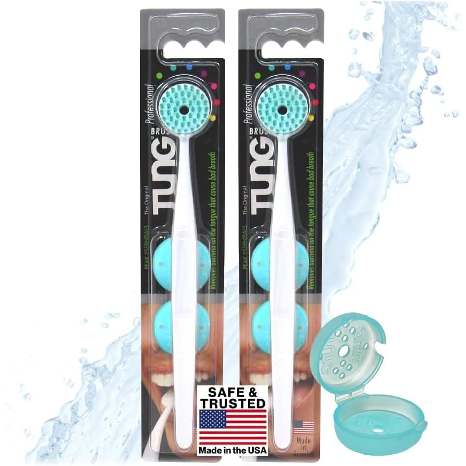 Tung Brush Tongue Cleaner, Plastic Tung Scraper, Tongue Cleaning to Fight Bad Breath, Halitosis Defense, USA Made, 2-Pack w/Cap