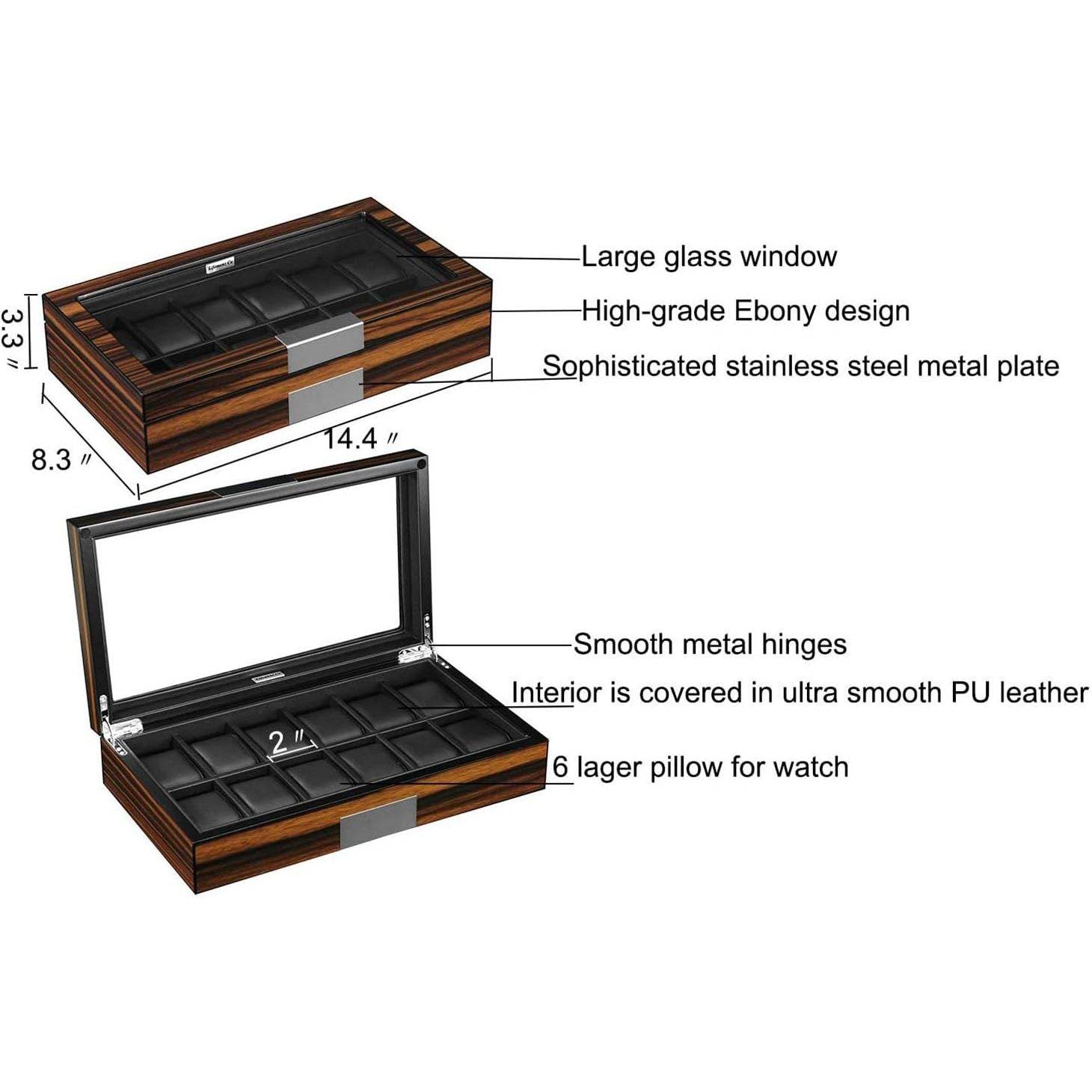 12 Watch Box for Men Watch Display Case Wood Luxury Watch Box with Large Glass Window,Watch Organizer Box with Ultra Smooth PU Leather Interior - My Store