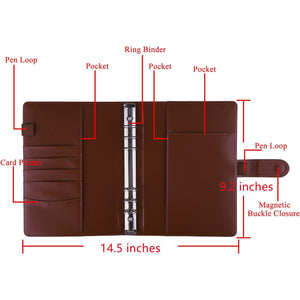 Antner A5 Binder 6 Ring Refillable Notebook Planner Cover for A5 Refill Paper, PU Leather Small Binder Budget Planner Photocard Holder Loose Leaf Personal Organizer with Magnetic Buckle, Brown