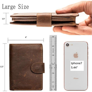 POKOFO Large RFID Genuine Leather Card Holder Trifold Wallet Snap Closure 3 ID Windows for men