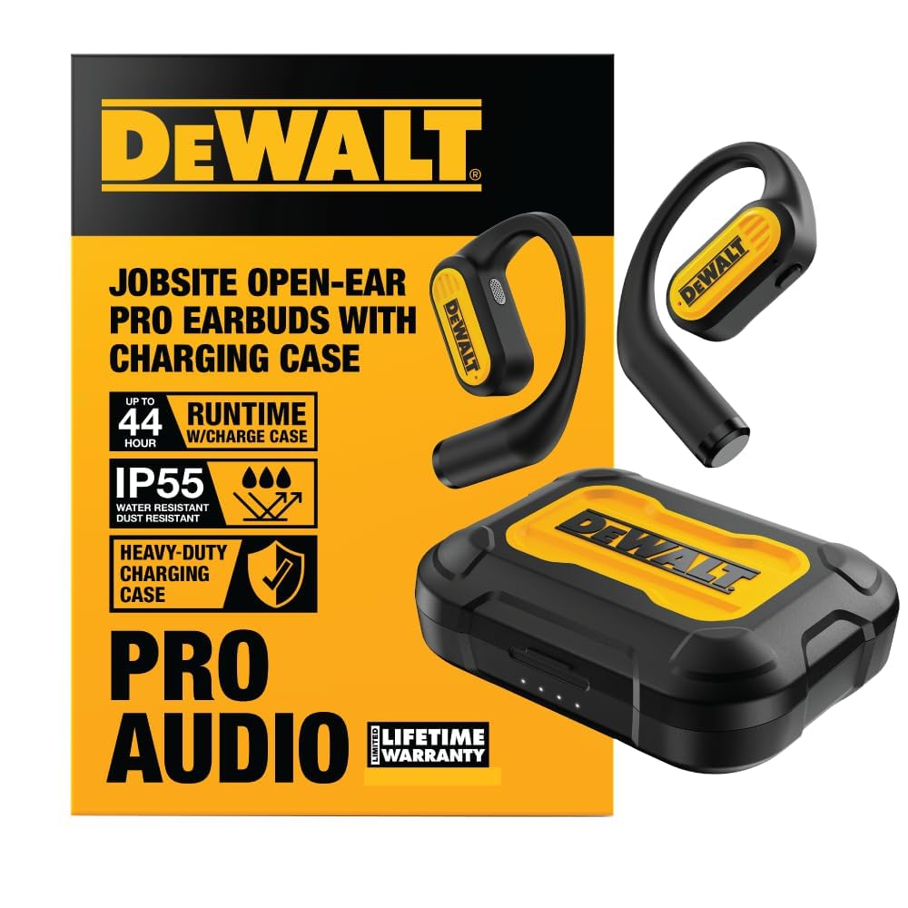 Buy now DEWALT Heavy Duty Open Ear Headphones, Bluetooth 5.3 Wireless Earbuds IP55, 44Hrs Runtime, Jobsite Premium Sound True Wireless Air Conduction Open Ear Earbuds with Earhooks for Worksites and Workouts at indiglob india