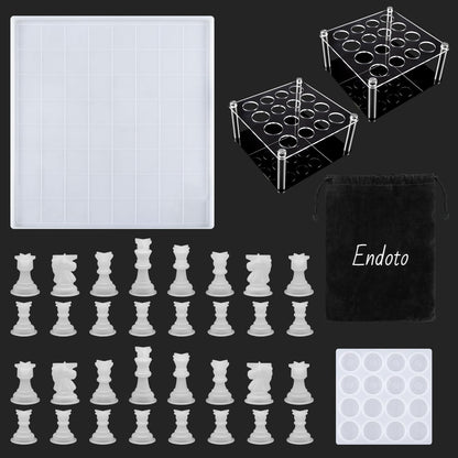 Endoto Chess Set with Checkers Board Silicone Resin Mold, 16 Pieces Full Size 3D Chess Crystal Epoxy Casting Molds for DIY Art Crafts Making, Family Party Board Games and Home Decoration