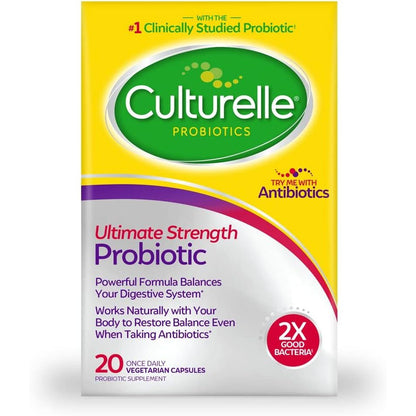 Culturelle Ultimate Strength Probiotic for Men and Women, Most Clinically Studied Probiotic Strain, 20 Billion CFUs, Supports Occasional Diarrhea, Gas & Bloating, Non-GMO, 20 Count