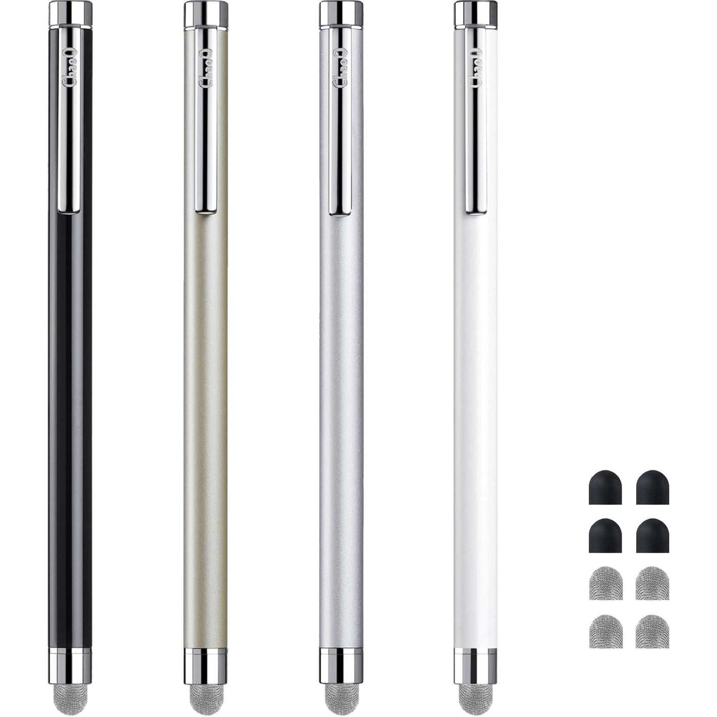 Stylus Pens for Touch Screens, ChaoQ 4 Pcs Mesh Fiber Stylus, with 4 Replaceable Mesh Tips and 4 Replaceable Rubber Tips (Silver, Black, White, Champagne)