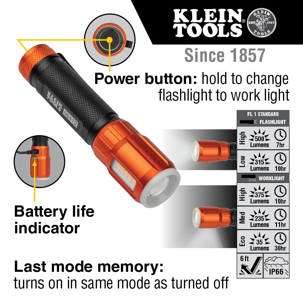 Buy now Klein Tools 56412 Rechargeable LED Flashlight with Flood Light, 500 lumens, USB-C Rechargeable, Pocket Clip, Magnet, for Professional Work at indiglob india