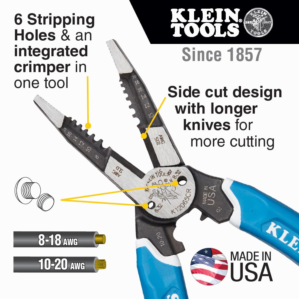 Buy now Klein Tools K12065CR Wire Stripper / Cutter / Crimper Tool, Made in USA, for Cutting, Stripping, Crimping, Twisting (8-18 AWG solid, 10-20 AWG stranded) at indiglob india