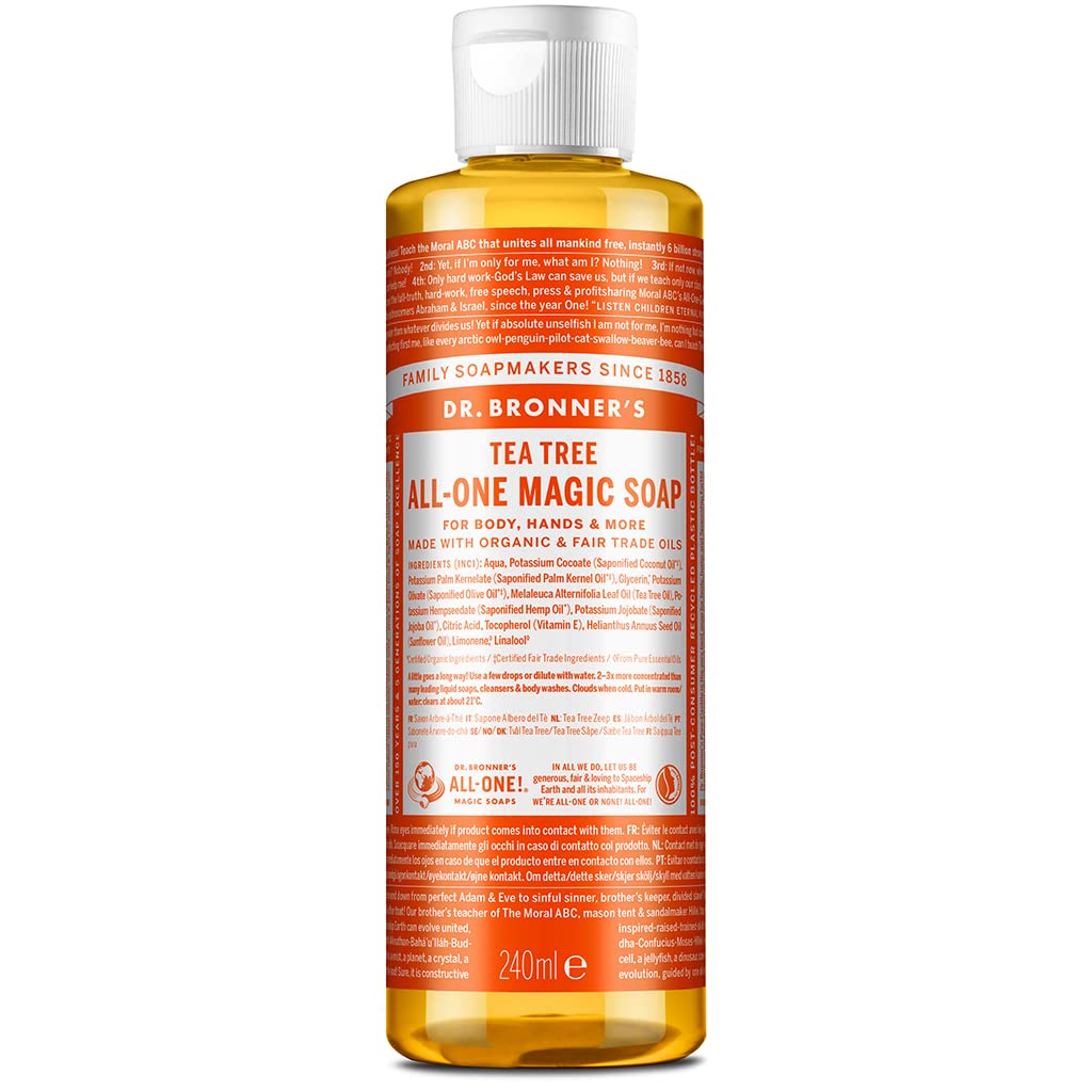 Dr. Bronner's - Pure-Castile Liquid Soap (Tea Tree, 8 ounce) - Made with Organic Oils, 18-in-1 Uses: Acne-Prone Skin, Dandruff, Laundry, Pets and Dishes, Concentrated, Vegan, Non-GMO