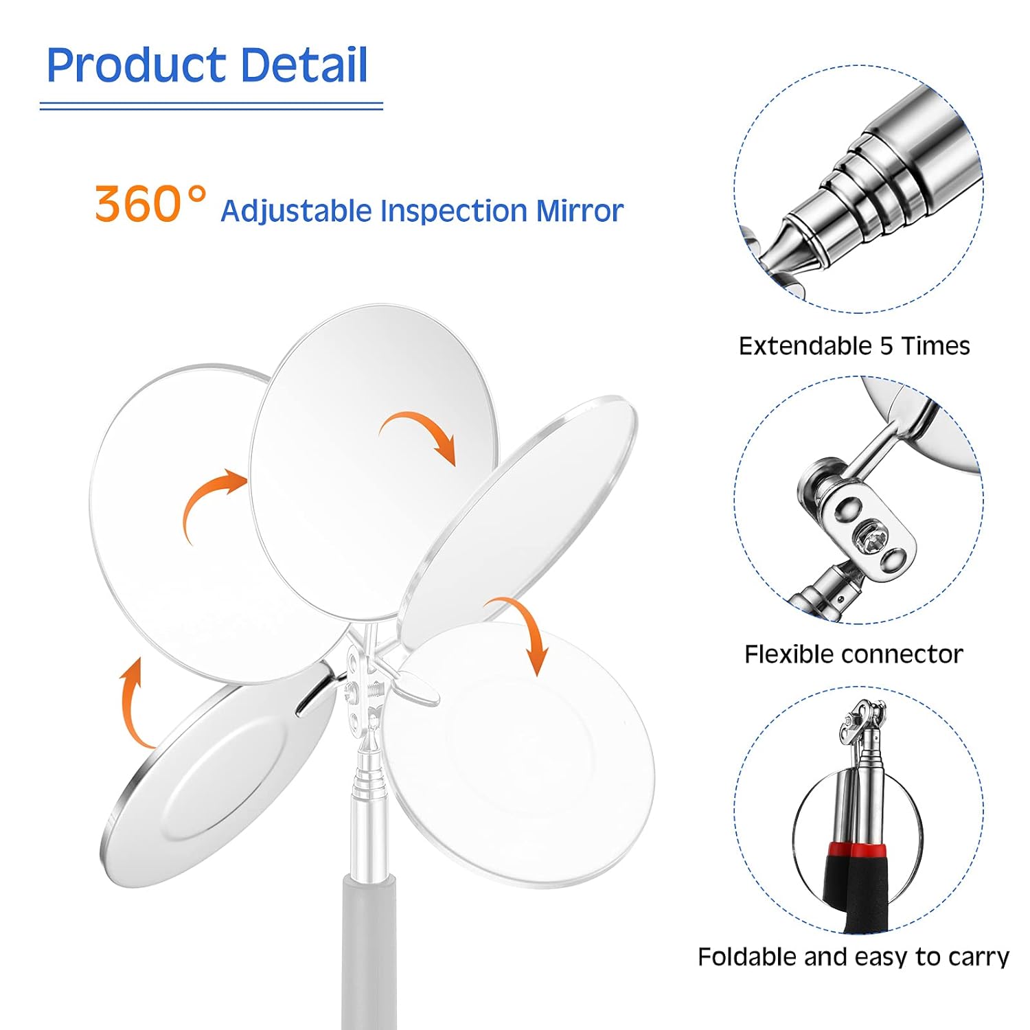 Buy now Frienda 2 Pieces Lighted Telescoping Inspection Mirror Flexible Retractable LED Automotive Extension Round Dental Mirror with Light Pickup Tools Valentine Birthday Gift for Men, Husband, Father at indiglob india
