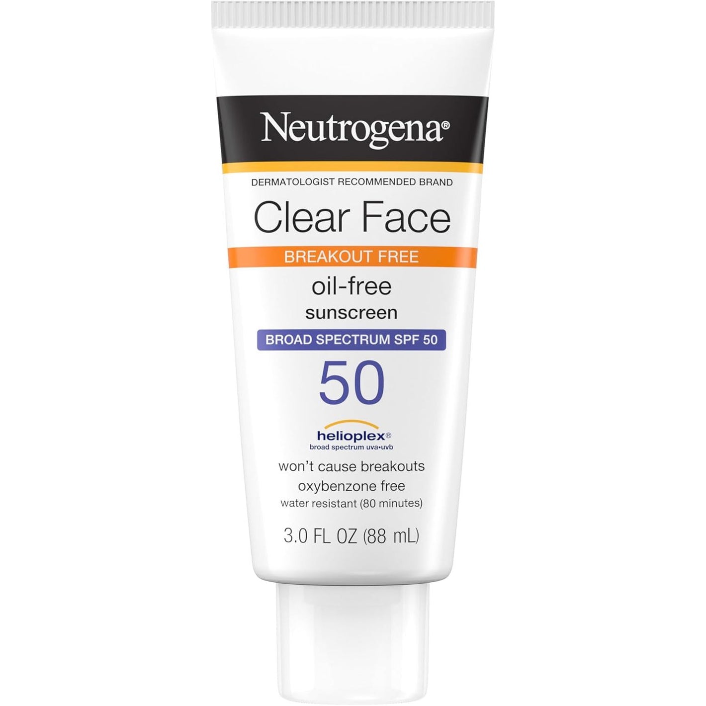 Neutrogena Clear Face Sunscreen Lotion for Acne-Prone Skin, Broad Spectrum SPF 50 Facial Sunscreen for Oily Skin, Oil-, Fragrance- & Oxybenzone-Free Water Resistant Sunscreen, 3 fl. oz