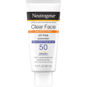 Neutrogena Clear Face Sunscreen Lotion for Acne-Prone Skin, Broad Spectrum SPF 50 Facial Sunscreen for Oily Skin, Oil-, Fragrance- & Oxybenzone-Free Water Resistant Sunscreen, 3 fl. oz
