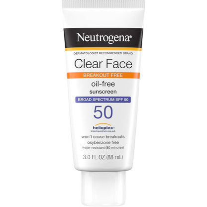 Neutrogena Clear Face Sunscreen Lotion for Acne-Prone Skin, Broad Spectrum SPF 50 Facial Sunscreen for Oily Skin, Oil-, Fragrance- & Oxybenzone-Free Water Resistant Sunscreen, 3 fl. oz