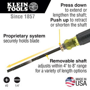Buy now Klein Tools 32751 Screwdriver with Adjustable Length 4 to 8-Inch, Made in USA, #2 Phillips Tip and 1/4-Inch Slotted Tip at indiglob india