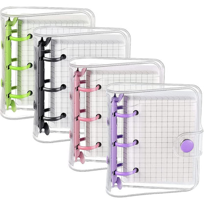 4 Set Mini Transparent 3-Ring Binder Covers with Grid Inner Page and 12 Pcs Binder Pockets(3 Pcs/Set) Clear PVC Binder Cover with Snap Button Mini Loose Leaf Notebook Binder(80 Sheets Paper/Set)
