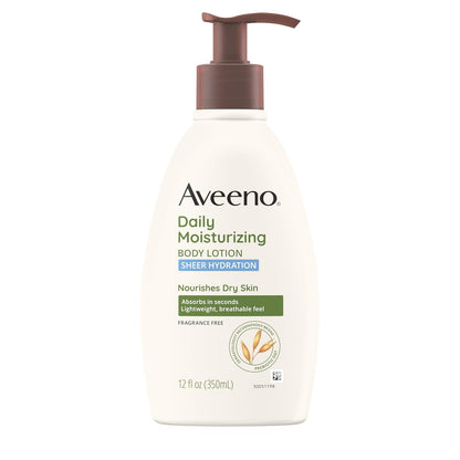 Aveeno Sheer Hydration Fragrance-Free Daily Moisturizing Lotion + Prebiotic Oat for Dry Skin, Lightweight, Fast-Absorbing Body Moisturizer Nourishes Skin with 48-hour Moisture, 12 fl. oz